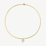A delicate gold wire bangle necklace with a small heart-shaped clear gemstone pendant, displayed on a clean white background.